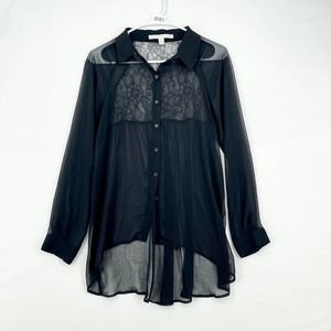 LC Lauren Conrad Women's Black Sheer Lace Detail Button Up Shirt Size M